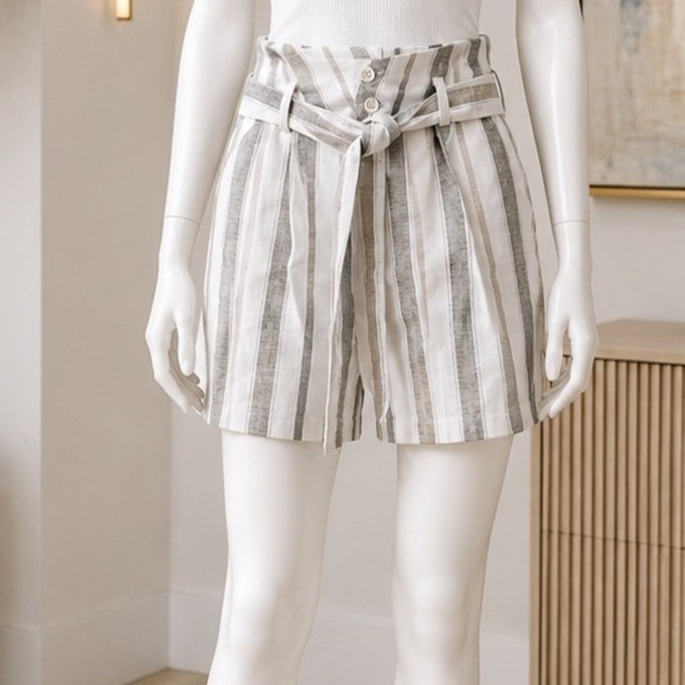 Gilli Womens Shorts Paperbag Waist Striped Linen Blend Belted Small